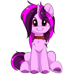 Size: 1280x1280 | Tagged: safe, artist:joaothejohn, imported from derpibooru, oc, oc only, oc:giovanni, pony, unicorn, blushing, chest fluff, collar, colored hooves, cute, eye clipping through hair, eyebrows, eyebrows visible through hair, full body, horn, looking at you, red collar, simple background, sitting, smiling, smiling at you, solo, unicorn oc, unshorn fetlocks, white background