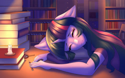 Size: 1260x788 | Tagged: safe, artist:hellcat120, imported from derpibooru, twilight sparkle, anthro, unicorn, book, bookhorse, bookshelf, candle, chair, clothes, digital art, eyes closed, female, floppy ears, horn, library, magnifying glass, one ear down, pencil, shirt, sitting, sleeping, solo, table, that pony sure does love books, unicorn twilight