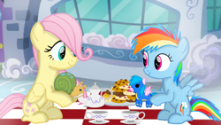 Size: 1280x720 | Tagged: safe, artist:mlplary6, imported from derpibooru, firefly, fluttershy, rainbow dash, pegasus, pony, snail, childhood friends, cookie, doll, female, filly, filly fluttershy, filly rainbow dash, foal, food, friends, looking at each other, looking at someone, smiling, tea, toy, younger