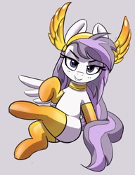 Size: 921x1200 | Tagged: safe, artist:pabbley, imported from derpibooru, part of a set, oc, oc only, oc:athena (shawn keller), pegasus, pony, clothes, crown, female, guardians of pondonia, jewelry, mare, regalia, simple background, sitting, smiling, socks, solo