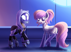 Size: 1627x1200 | Tagged: safe, artist:joellethenose, imported from derpibooru, oc, oc only, oc:cuddle bug, pegasus, pony, butt, clothes, crossover, duo, glowing eyes, helmet, mass effect, no tail, open mouth, plot, smiling, socks, spacesuit, tali'zorah vas normandy, window