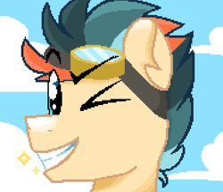 Size: 370x320 | Tagged: safe, imported from derpibooru, oc, oc only, oc:turbo swifter, pegasus, pony, goggles, male, one eye closed, sky, smiling, smirk, sparkles