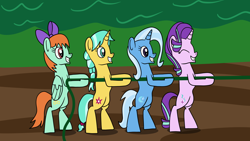 Size: 1920x1080 | Tagged: safe, artist:platinumdrop, imported from derpibooru, citrine spark, fire quacker, peppermint goldylinks, starlight glimmer, trixie, pegasus, pony, unicorn, ^^, bipedal, eyes closed, female, friendship student, mare, pulling, request, rope, smiling