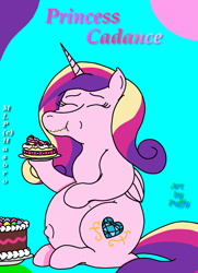 Size: 1672x2305 | Tagged: safe, artist:puffydearlysmith, imported from derpibooru, princess cadance, alicorn, pony, belly, belly button, big belly, cake, eating, eyes closed, female, food, implied flurry heart, mare, outie belly button, pregdance, pregnancy cravings, pregnant, story included