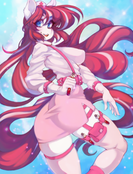 Size: 1362x1772 | Tagged: safe, artist:tolsticot, imported from derpibooru, oc, oc only, oc:cherry pop, anthro, earth pony, anthro oc, breasts, clothes, female, gloves, long hair, mare, nurse, nurse outfit, open mouth, open smile, smiling, solo, tail