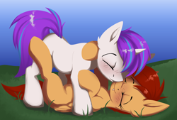 Size: 2396x1622 | Tagged: safe, artist:luxsimx, imported from derpibooru, oc, oc only, oc:machaera, pegasus, pony, unicorn, eyes closed, female, lineless, lying, lying down, lying in grass, male, mare, on back, shipping, stallion
