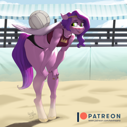 Size: 900x900 | Tagged: safe, artist:kevinsano, imported from derpibooru, pipp petals, anthro, pegasus, unguligrade anthro, balancing, beach, breasts, female, g5, mare, patreon, patreon logo, reasonably sized breasts, solo, sports, tongue out, volleyball