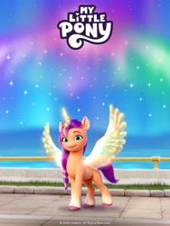 Size: 1536x2048 | Tagged: safe, imported from derpibooru, sunny starscout, alicorn, pony, artificial horn, artificial wings, augmented, female, g5, mane stripe sunny, mare, my little pony logo, my little pony: a new generation, my little pony: make your mark, official, princess sunny starscout, race swap, sunnycorn, wings