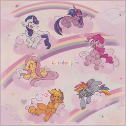 Size: 2048x2048 | Tagged: safe, artist:blairvonglitter, imported from derpibooru, applejack, fluttershy, pinkie pie, rainbow dash, rarity, twilight sparkle, alicorn, earth pony, pegasus, pony, unicorn, ><, ^^, cloud, emanata, exclamation point, eyes closed, friendship, heart, horn, mane six, open mouth, open smile, rainbow, sharp teeth, smiling, stars, teeth, twilight sparkle (alicorn), wings