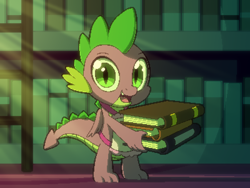 Size: 800x600 | Tagged: safe, artist:rangelost, imported from derpibooru, spike, dragon, cyoa:d20 pony, apron, book, bookshelf, clothes, cyoa, library, looking at you, offscreen character, pixel art, solo, story included, twilight's castle, twilight's castle library, winged spike, wings