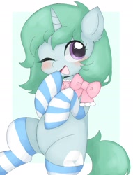 Size: 1551x2034 | Tagged: safe, artist:ginmaruxx, imported from derpibooru, oc, oc only, pony, unicorn, blushing, clothes, commission, cute, female, horn, looking at you, mare, ocbetes, one eye closed, open mouth, open smile, simple background, smiling, smiling at you, socks, solo, stockings, striped socks, thigh highs, white background, wink, winking at you