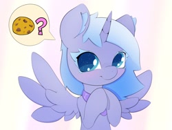Size: 2048x1536 | Tagged: safe, artist:zokkili, imported from derpibooru, princess luna, alicorn, pony, colored eyelashes, cookie, cute, ear fluff, ethereal mane, female, filly, foal, food, horn, lunabetes, question mark, solo, speech bubble, starry eyes, wingding eyes, wings, woona, younger