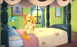 Size: 4000x2450 | Tagged: safe, artist:rivin177, imported from derpibooru, pear butter, oc, oc:deliambre, pegasus, pony, apple, apple tree, bed, bedroom, bow, carpet, chest, commission, curtains, daylight, eyes closed, female, filly, foal, hug, lamp, painting, picture, plushie, room, solo, sweet apple acres, tree, window