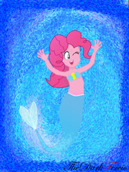 Size: 1280x1712 | Tagged: safe, artist:thedarktercio, imported from derpibooru, pinkie pie, mermaid, equestria girls, balloon, belly button, bra, female, hands in the air, mermay, one eye closed, seashell bra, solo, wink