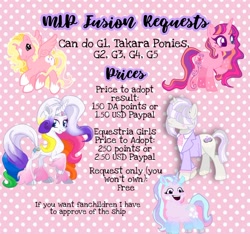 Size: 1080x1009 | Tagged: safe, artist:vernorexia, imported from derpibooru, amazing grace, cha cha, lily lace, marble pie, pinkie pie (g3), rarity, rarity (g3), surprise, twilight sparkle, oc, oc:crystal doily, oc:pink lemonade, llama, pegasus, pony, unicorn, adoptable, advertisement, clothes, commission, commission info, deviantart, example, female, femboy, fusion, g1, g3, g4, g5, g5 concept leak style, g5 concept leaks, hair over eyes, info, information, llamacorn, male, mare, next generation, paypal, princess rarity, rarity (g5 concept leak), request, requests, stallion, suit