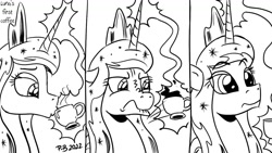 Size: 1200x675 | Tagged: safe, artist:pony-berserker, imported from derpibooru, princess luna, alicorn, pony, bleh, coffee, coffee cup, comic, cup, first time, magic, monochrome, pony-berserker's twitter sketches, pony-berserker's twitter sketches (2022), telekinesis