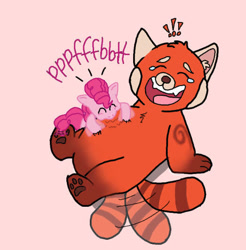Size: 523x532 | Tagged: safe, artist:princessdestiny200i, imported from derpibooru, pinkie pie, earth pony, pony, red panda, belly, bellyrubs, crossover, crying, disney, exclamation point, eyes closed, female, laughing, mare, meilin lee, onomatopoeia, paw pads, pixar, raspberry, tail, tail wag, tears of laughter, tickling, tongue out, tummy buzz, turning red