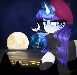 Size: 2048x2003 | Tagged: safe, artist:tinykiru, imported from derpibooru, rarity, pony, unicorn, alternate hairstyle, beatnik rarity, beret, clothes, drink, full moon, hat, magic, martini glass, moon, solo, sweater, telekinesis