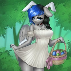 Size: 960x960 | Tagged: safe, artist:yutakira92, imported from derpibooru, oc, oc only, anthro, pegasus, basket, bedroom eyes, breasts, bunny ears, bunny tail, clothes, collar, cute, dress, easter egg, eyeshadow, female, floppy ears, looking at you, makeup, mare, minidress, smiling, solo, tail