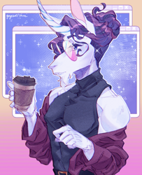 Size: 1500x1850 | Tagged: safe, artist:yuyusunshine, imported from derpibooru, rarity, anthro, clothes, coffee, curved horn, elusive, facial hair, goatee, horn, palindrome get, rule 63, shirt, solo, sunglasses