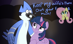 Size: 1000x600 | Tagged: safe, artist:queenbluestar, imported from derpibooru, fluttershy, twilight sparkle, alicorn, bird, blue jay, pony, censored, censored vulgarity, crossover, crossover shipping, female, male, meme, mordecai, mordetwi, regular show, shipping, straight, twilight sparkle (alicorn), will smith, will smith slapping chris rock
