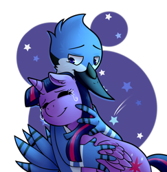 Size: 1026x1057 | Tagged: safe, artist:paperbagedhead, imported from derpibooru, twilight sparkle, alicorn, crossover, crossover shipping, crying, female, holding, hug, male, mordecai, mordetwi, regular show, shipping, simple background, straight, tears of joy, transparent background, twilight sparkle (alicorn)