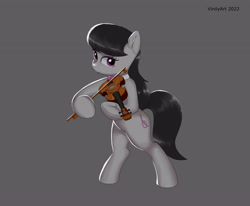 Size: 3232x2664 | Tagged: safe, artist:vinilyart, imported from derpibooru, octavia melody, earth pony, pony, bipedal, bow (instrument), gray background, looking at you, musical instrument, simple background, smiling, solo, underhoof, violin