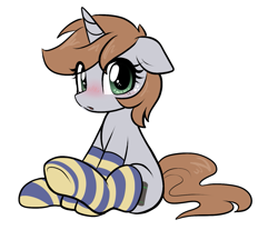Size: 1021x846 | Tagged: safe, artist:moozua, imported from derpibooru, oc, oc only, oc:littlepip, pony, unicorn, fallout equestria, :o, blushing, clothes, cute, eye clipping through hair, female, floppy ears, freckles, full body, horn, looking at you, mare, ocbetes, open mouth, simple background, sitting, socks, solo, striped socks, tail, unicorn oc, weapons-grade cute, white background