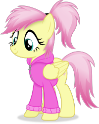 Size: 3760x4693 | Tagged: safe, artist:anime-equestria, imported from derpibooru, fluttershy, pegasus, pony, absurd resolution, alternate hairstyle, clothes, cute, female, folded wings, full body, hair tie, hoodie, mare, ponytail, shadow, shyabetes, simple background, smiling, solo, standing, tail, transparent background, two toned mane, vector, wings, zipper