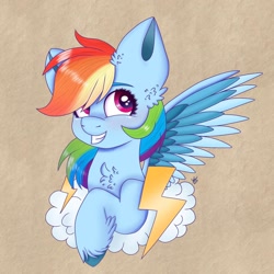 Size: 1922x1922 | Tagged: safe, artist:galaxy swirl, imported from derpibooru, rainbow dash, pegasus, pony, big ears, bust, chest fluff, ear fluff, female, grin, looking away, looking up, mare, smiling, solo, spread wings, textured background, three quarter view, unshorn fetlocks, wings