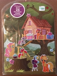 Size: 3024x4032 | Tagged: safe, imported from derpibooru, apple bloom, applejack, fluttershy, scootaloo, sweetie belle, cake, camera, clubhouse, crusaders clubhouse, food, g4, merchandise, present, sticker, tree stump
