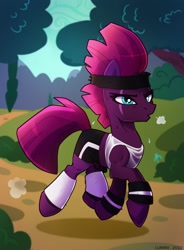 Size: 1280x1738 | Tagged: safe, artist:lummh, imported from derpibooru, tempest shadow, pony, unicorn, breath, clothes, commission, female, gym shorts, headband, jogging, leg warmers, mare, scar, shorts, solo, sweat, tanktop