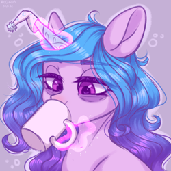 Size: 3000x3000 | Tagged: safe, artist:gunya, imported from derpibooru, izzy moonbow, pony, unicorn, bags under eyes, coffee, g5, glowing, glowing horn, hat, horn, izzy moodbow, magic, mug, nightcap, sketch, solo, tired