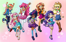 Size: 1280x830 | Tagged: safe, artist:chibi-jen-hen, color edit, edit, editor:diameltzowo, imported from derpibooru, applejack, fluttershy, pinkie pie, rainbow dash, rarity, sci-twi, spike, spike the regular dog, sunset shimmer, twilight sparkle, dog, human, equestria girls, clothes, converse, cute, dark skin, female, full body, group, happy, human coloration, humane five, humane seven, humane six, light skin, rarity peplum dress, shoes, skin color edit