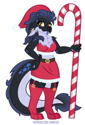 Size: 746x1100 | Tagged: safe, artist:jennieoo, imported from derpibooru, oc, oc:kayda, anthro, dragon, breasts, candy, candy cane, christmas, christmas stocking, dragoness, female, food, hat, holiday, lizard breasts, piercing, santa hat, show accurate, simple background, solo, tongue out, transparent background, vector