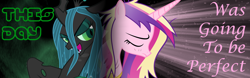 Size: 1600x500 | Tagged: safe, artist:nsaiuvqart, artist:urpleb3atin, imported from derpibooru, princess cadance, queen chrysalis, alicorn, changeling, changeling queen, pony, banner, female, mare, this day aria