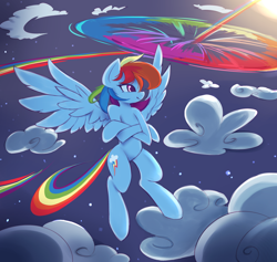 Size: 2160x2047 | Tagged: safe, artist:fajeh, imported from derpibooru, rainbow dash, pegasus, semi-anthro, cloud, crossed hooves, female, flying, high res, mare, night, smiling, solo, sonic rainboom, spread wings, stars, wings