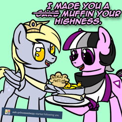 Size: 800x800 | Tagged: safe, artist:thedragenda, imported from derpibooru, derpy hooves, oc, oc:ace, pony, ask-acepony, cake, food