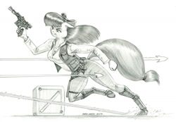 Size: 1500x1037 | Tagged: safe, artist:baron engel, imported from derpibooru, apple bloom, anthro, earth pony, unguligrade anthro, blaster, breasts, clothes, crossover, disney, female, mare, monochrome, older, older apple bloom, pants, pencil drawing, solo, star wars, story in the comments, story in the source, story included, traditional art, vest