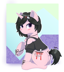 Size: 2386x2687 | Tagged: safe, artist:backgroundpony#f352, imported from derpibooru, pony, unicorn, blushing, bow, clothes, commission, crossover, eyes open, hairpin, horn, looking at you, male, ponified, shirt, signature, sitting, stallion, steins;gate