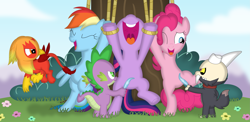 Size: 3499x1713 | Tagged: safe, artist:porygon2z, imported from derpibooru, pinkie pie, rainbow dash, spike, twilight sparkle, oc, oc:heatwave, dragon, earth pony, griffon, pegasus, pony, unicorn, broken horn, butt, collar, crossover, feather, female, griffon oc, horn, king clawthorne, male, mare, movie accurate, porygon2z's trio, skull, the owl house, tickle torture, tickling, titan, unicorn twilight