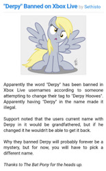 Size: 429x691 | Tagged: safe, imported from derpibooru, derpy hooves, pegasus, pony, equestria daily, 2019, banned, derpygate, female, mare, meta, sethisto, sitting, spread wings, text, username, wings, xbox, xbox live