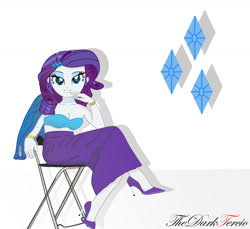 Size: 1024x940 | Tagged: safe, artist:thedarktercio, imported from derpibooru, rarity, human, equestria girls, adorasexy, beautiful, blue eyes, blue eyeshadow, breasts, busty rarity, cleavage, clothes, crossed legs, cute, cutie mark, dress, eyelashes, eyeshadow, female, high heels, humanized, jacket, looking at you, makeup, raribetes, sexy, shoes, sitting, smiling, smiling at you, solo, woman