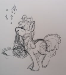 Size: 2403x2706 | Tagged: safe, artist:purple-blep, kersplash, earth pony, pony, basket, drawthread, eyes closed, female, mare, monochrome, mouth hold, raised hoof, rubber duck, sketch, smiling, solo, traditional art, walking