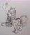 Size: 2403x2706 | Tagged: safe, artist:purple-blep, kersplash, earth pony, pony, basket, drawthread, eyes closed, female, mare, monochrome, mouth hold, raised hoof, rubber duck, sketch, smiling, solo, traditional art, walking