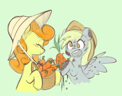 Size: 1280x1007 | Tagged: safe, artist:chub-wub, imported from derpibooru, carrot top, derpy hooves, golden harvest, earth pony, pegasus, pony, basket, carrot, cute, derpabetes, derpytop, dirt, duo, eyes closed, female, food, green background, hat, lesbian, mare, open mouth, shipping, simple background, sun hat