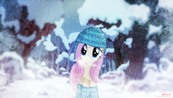 Size: 1920x1080 | Tagged: safe, artist:derplight, imported from twibooru, fluttershy, clothes, forest, hat, image, png, tree, wallpaper, winter, winter outfit