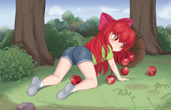 Size: 6539x4201 | Tagged: safe, artist:pestil, imported from twibooru, apple bloom, human, apple, banned from derpibooru, blushing, bucket, clothes, female, food, humanized, image, lolicon, looking at you, looking back, looking back at you, orchard, paywalled source, png, solo, tree, underage