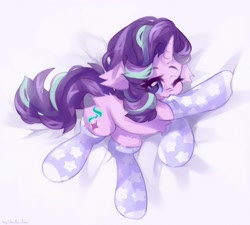 Size: 2048x1843 | Tagged: safe, artist:vanilla_pie_2, imported from derpibooru, starlight glimmer, pony, unicorn, :3, ;3, butt fluff, clothes, ear fluff, female, fluffy, looking at you, mare, mouth hold, one eye closed, socks, solo, stockings, thigh highs, wink