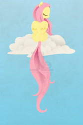 Size: 1200x1800 | Tagged: safe, artist:joellethenose, imported from derpibooru, fluttershy, pegasus, pony, cloud, eyes closed, long tail, obtrusive watermark, on a cloud, simple background, sitting, sitting on cloud, solo, tail, watermark